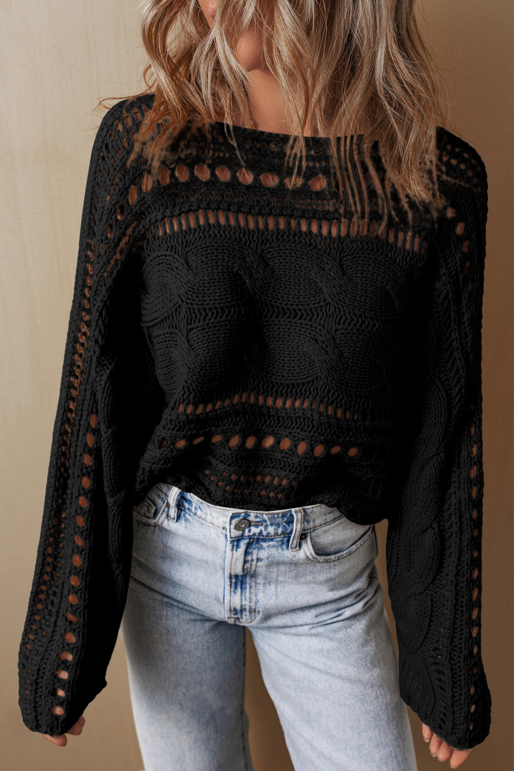 Cable Knit Crop Sweater- Black