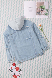 Distressed Button Closure Hooded Denim Jacket