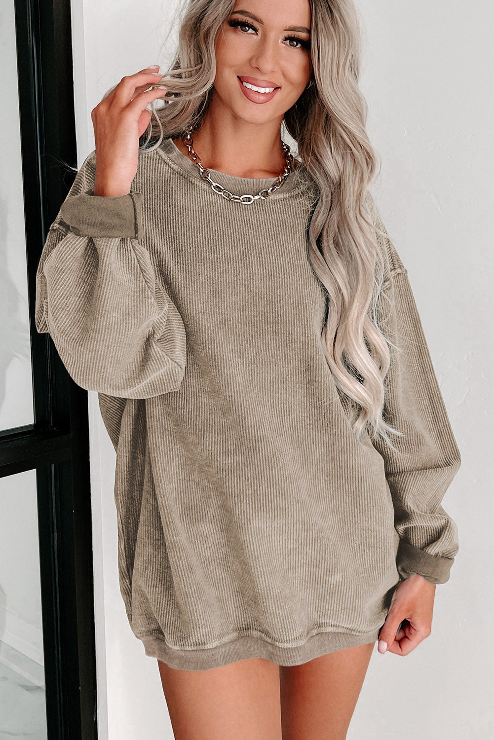 Ribbed Knit Pullover Sweatshirt- Khaki