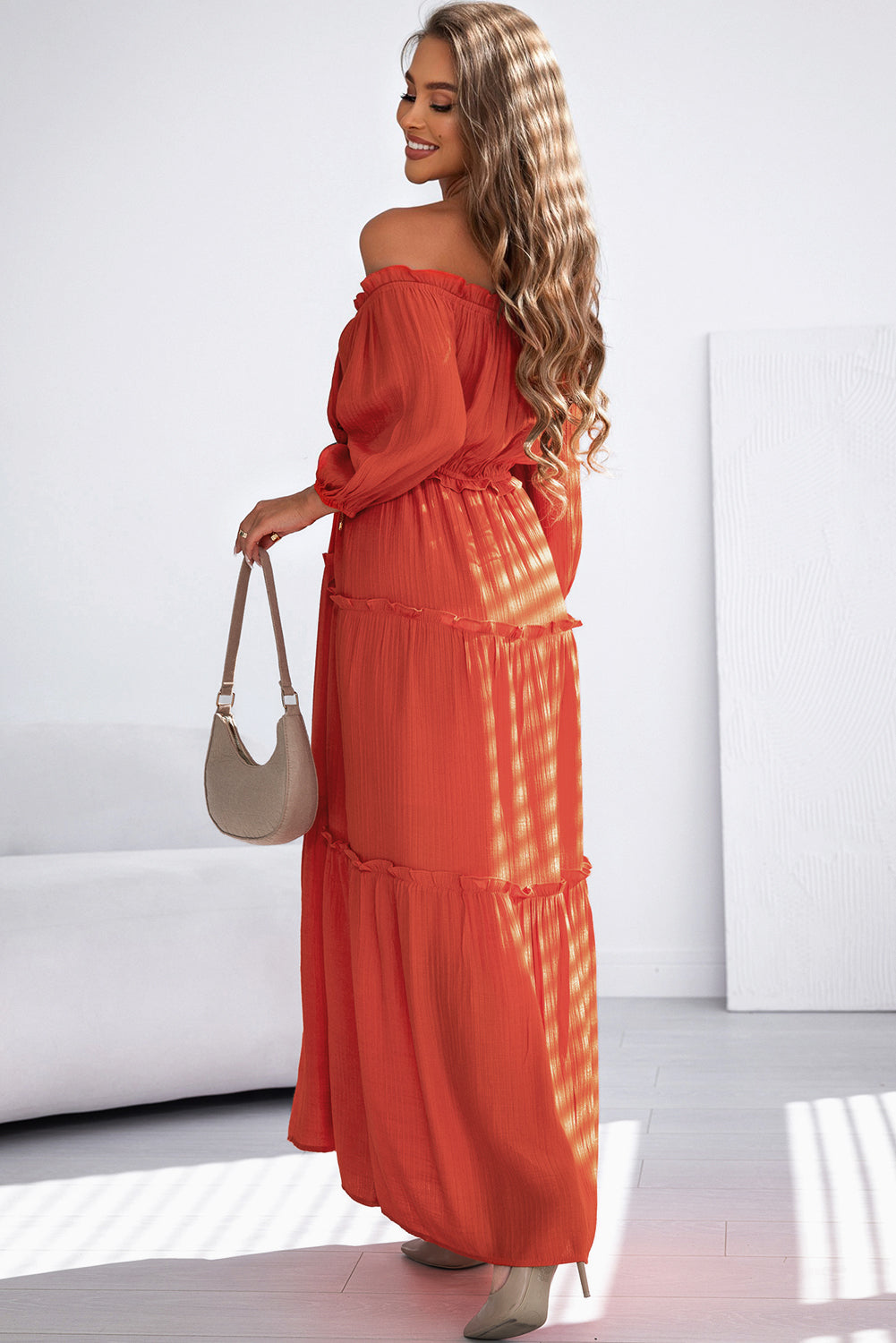 Off Shoulder Long Sleeve Maxi Dress- Orange