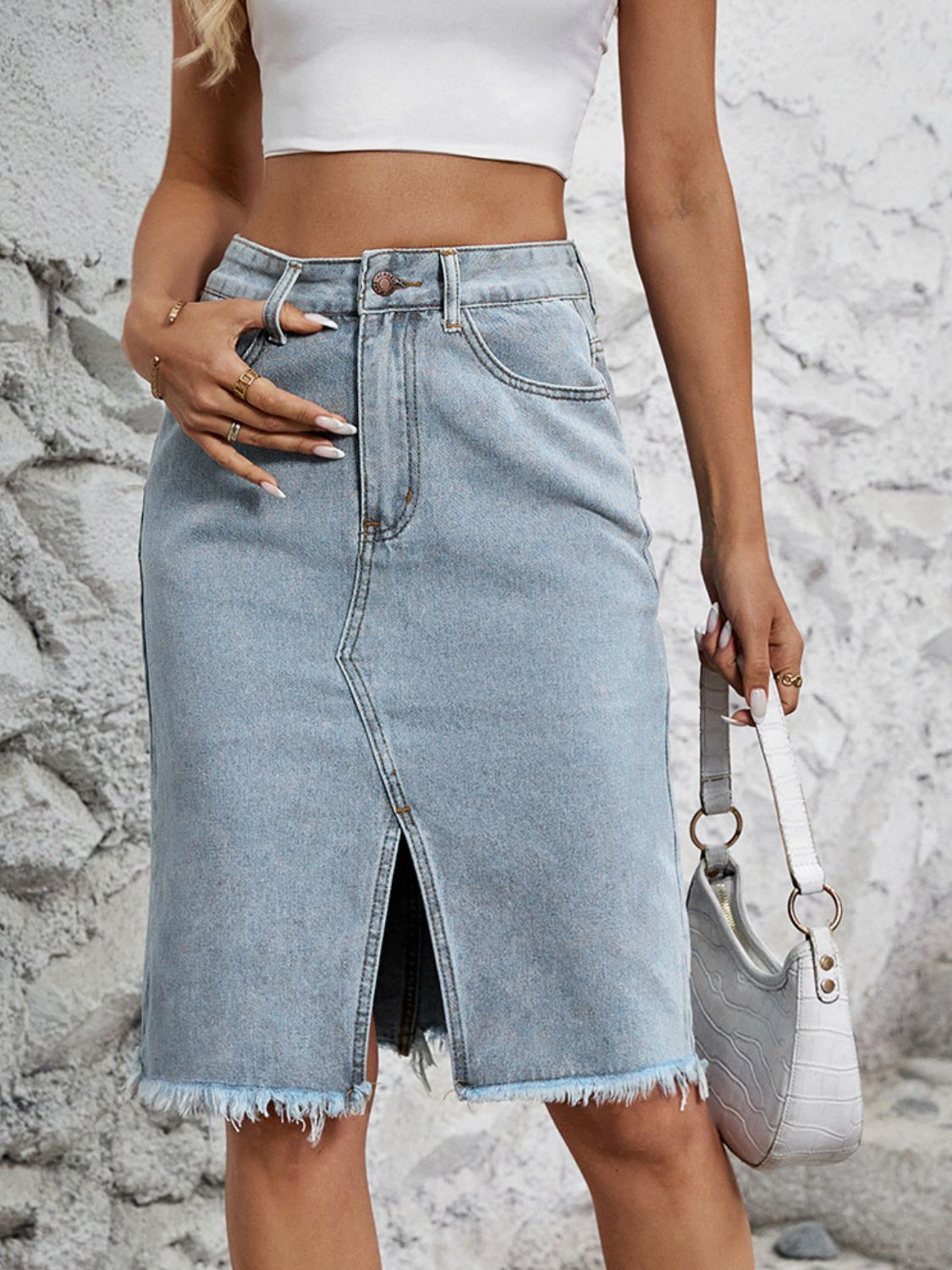 Raw Hem Slit Midi Denim Skirt