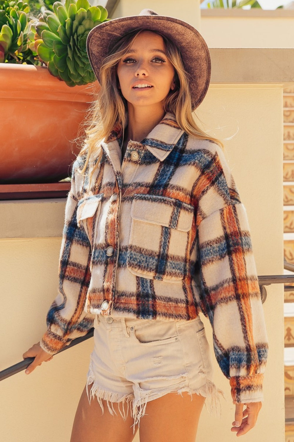 Plaid Crop Jacket with Pockets