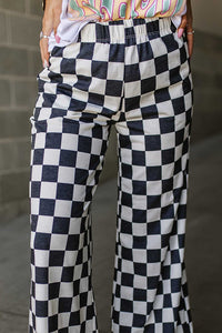 Black and White Checked Print High Waist Wide Leg Pants