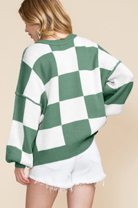 Checkered Bishop Sleeve Sweater- Green