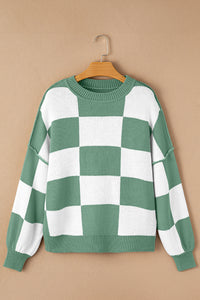 Checkered Bishop Sleeve Sweater- Green