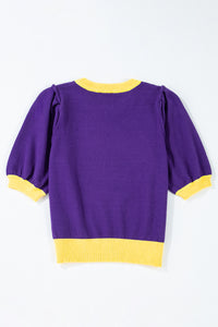 Sequin Football Color Block Short Sleeve Sweater- Purple