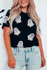 Ghost Pattern Crew Neck Halloween T Shirt- Black