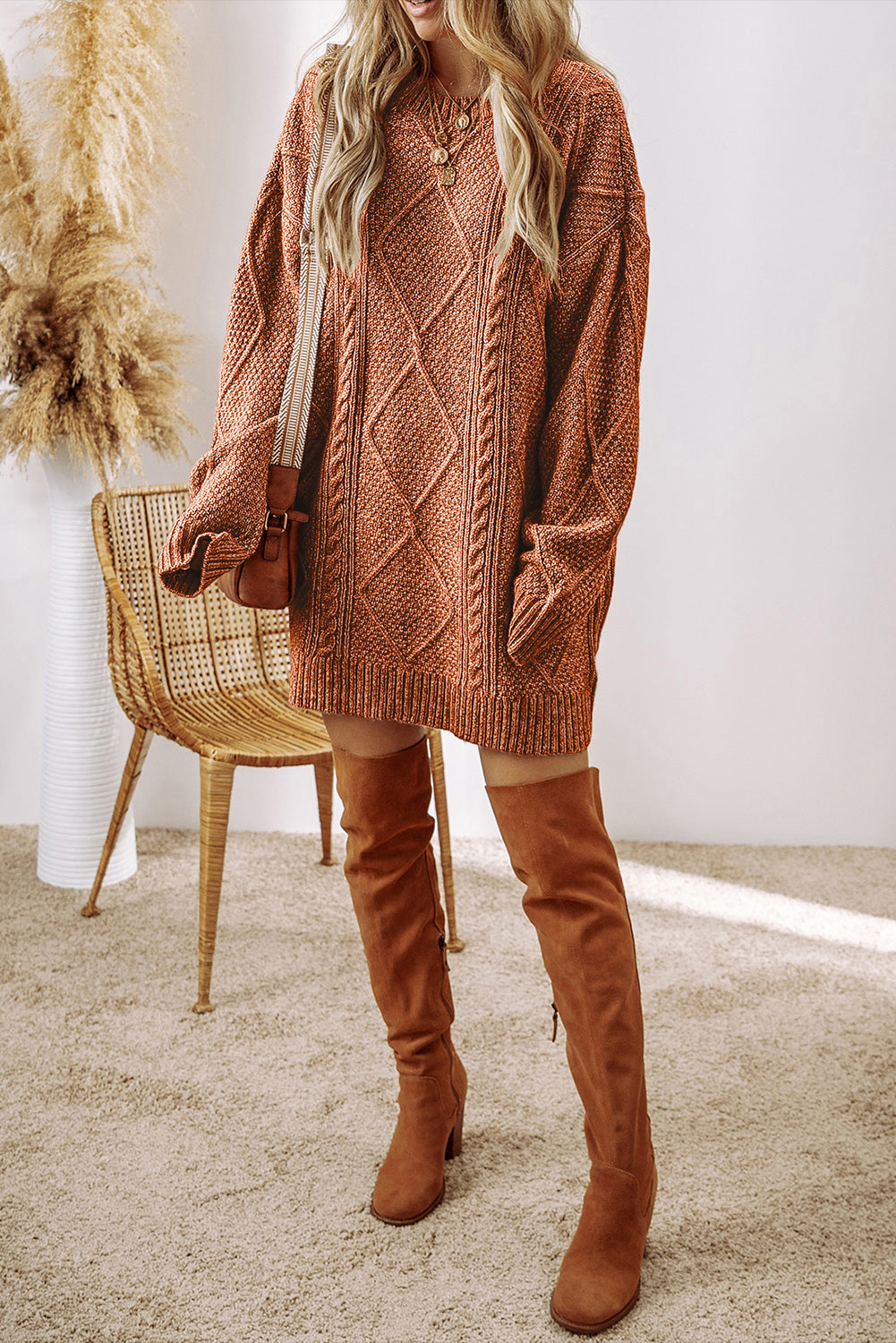 Cable Knit Mini Sweater Dress- Coffee