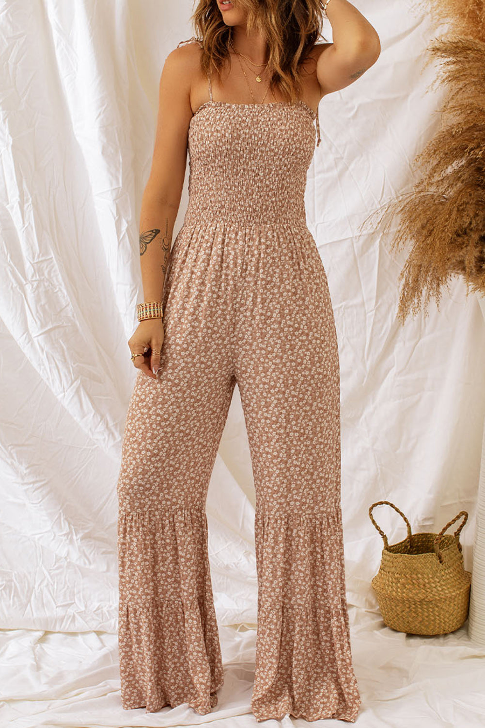 Floral Wide Leg Jumpsuit- Camel