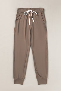 Drawstring Waist Pocketed Joggers-Brown