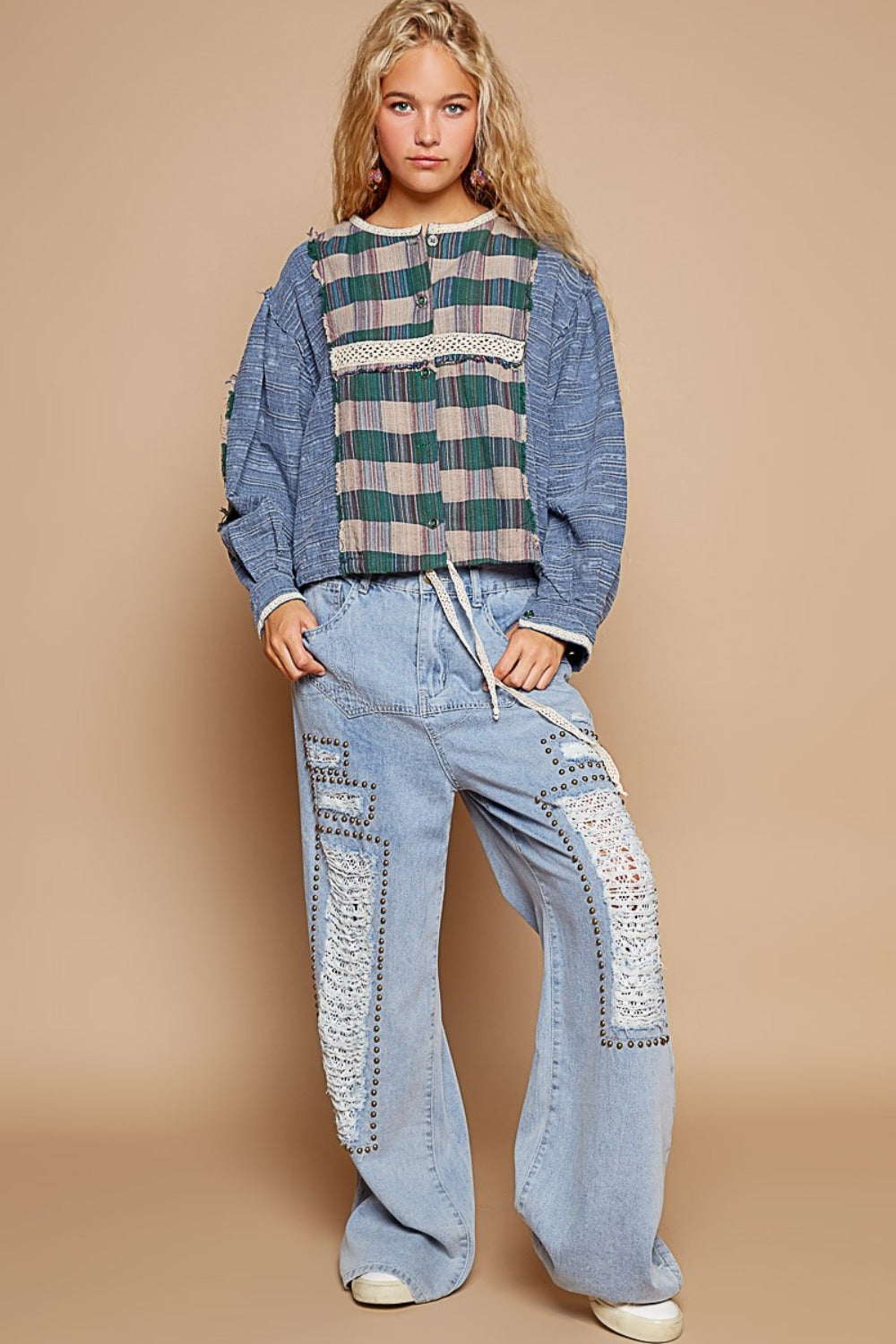 Patch Work Long Sleeve Plaid Shirt