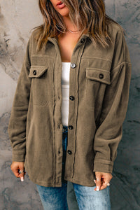 Fuzzy Button Down Shacket- Army Green