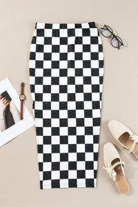 Black and White Checkered Print Side Slit High Waist Midi Skirt