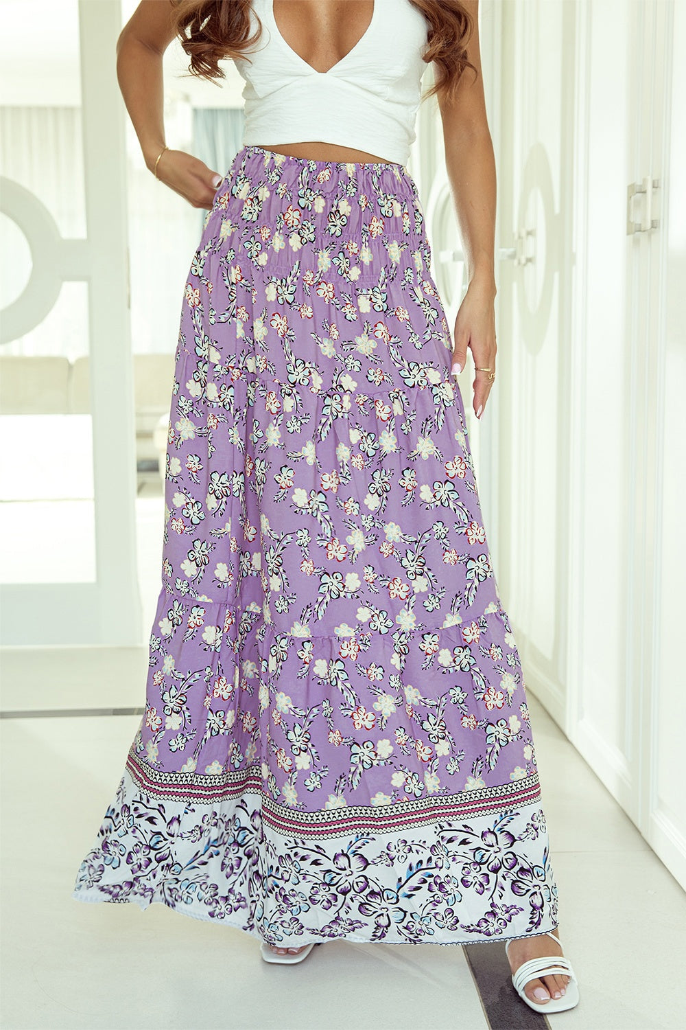 Tiered Floral Printed Skirt- Lavender