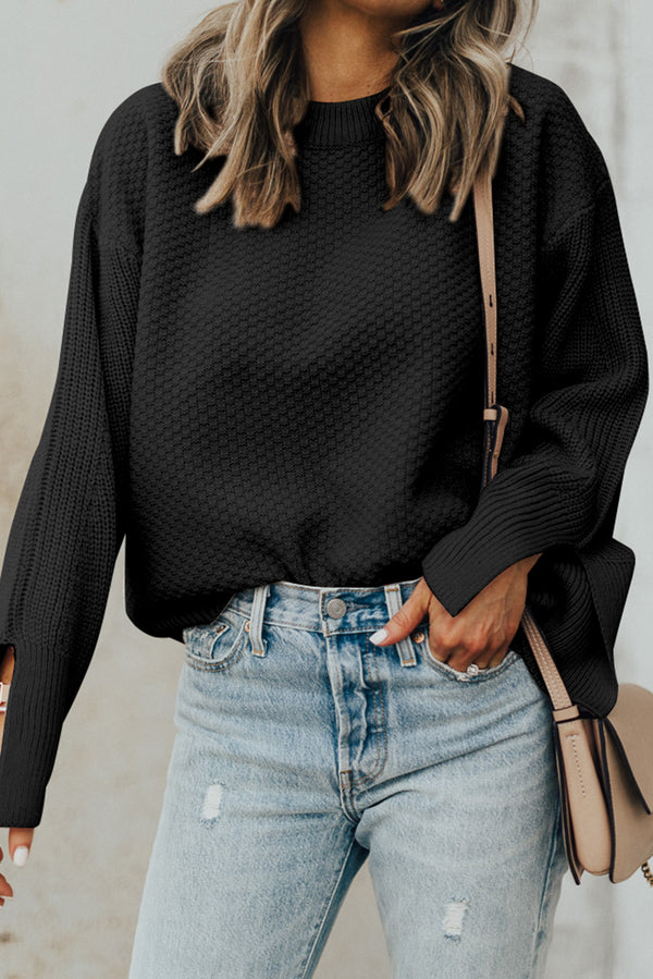 Textured Knit Split Cuff Drop Shoulder Loose Sweater- Black