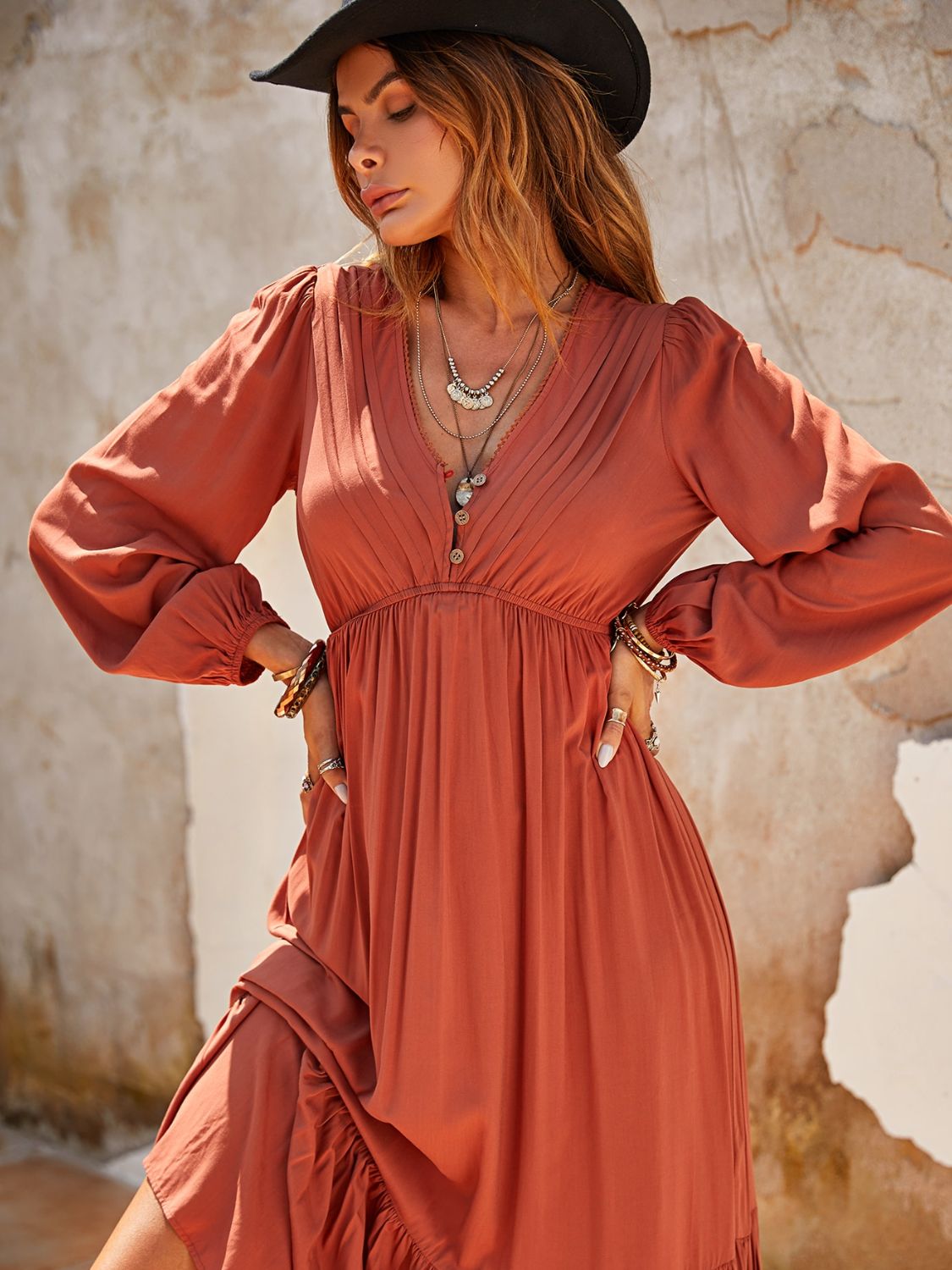 V-Neck Long Sleeve Midi Dress- Orange