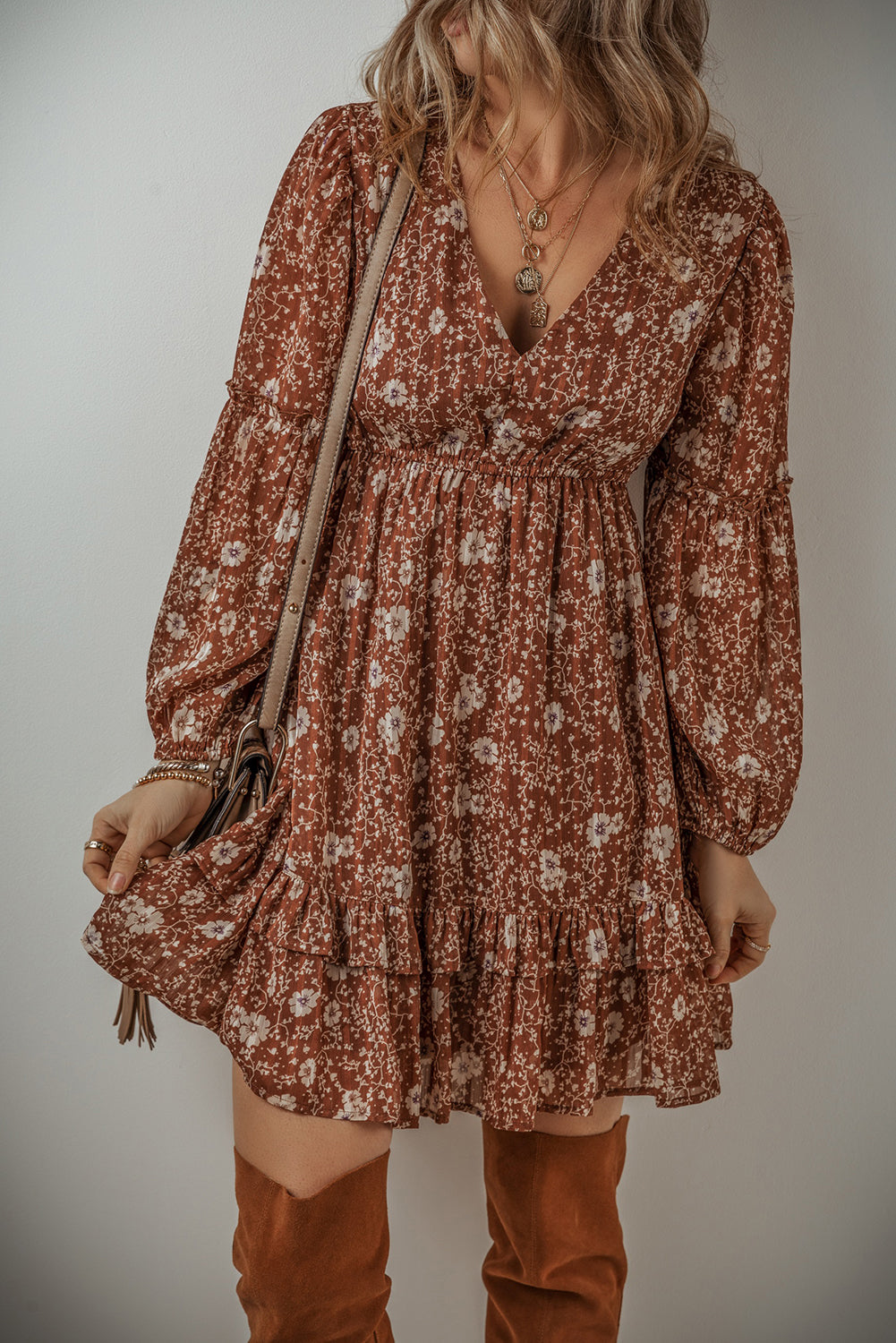 Boho Floral Long Sleeve Mini Dress