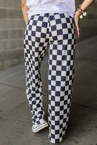 Black and White Checked Print High Waist Wide Leg Pants