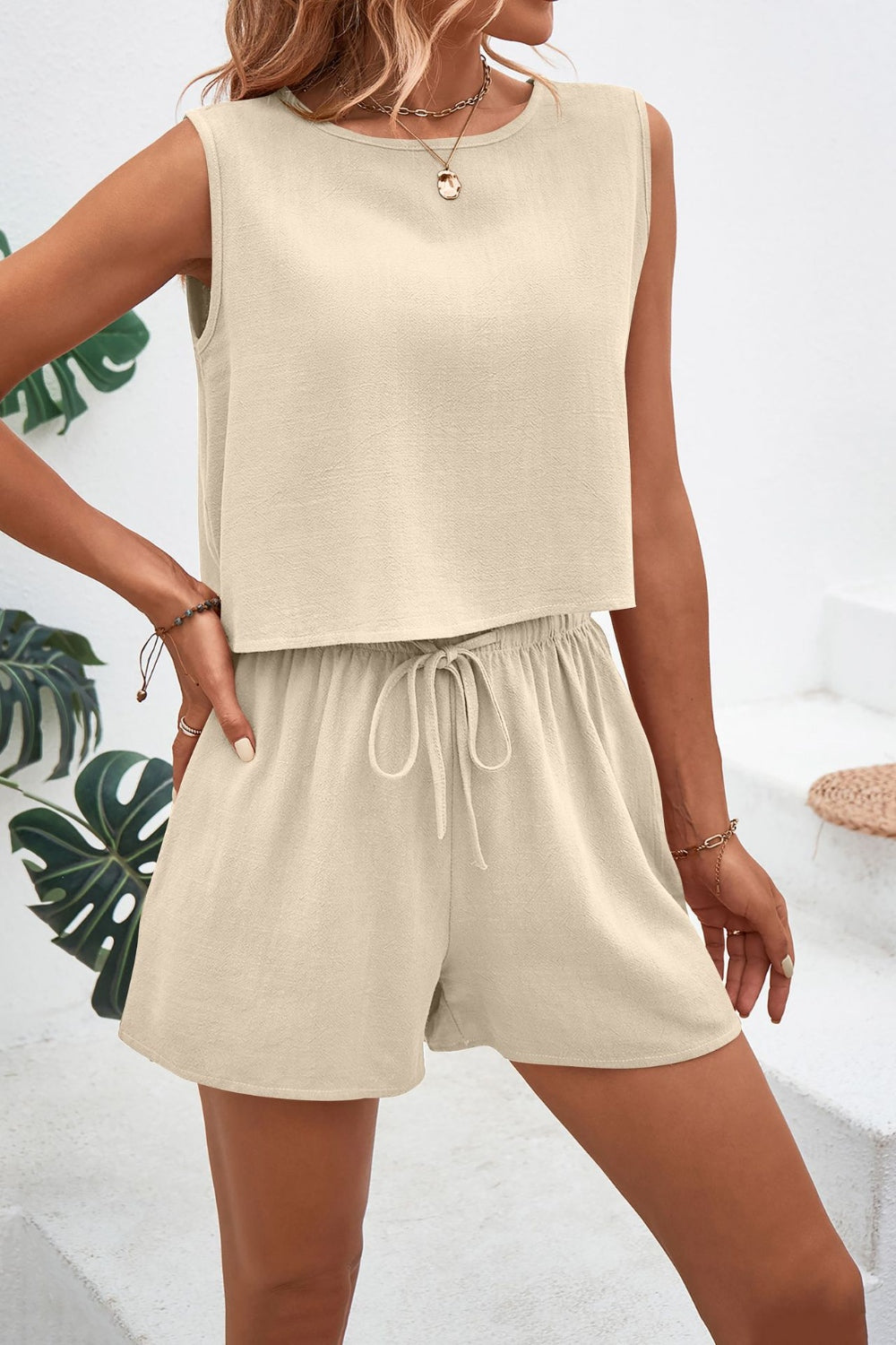 Button Back Top and Drawstring Shorts Set