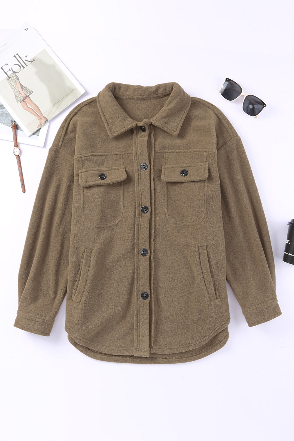 Fuzzy Button Down Shacket- Army Green