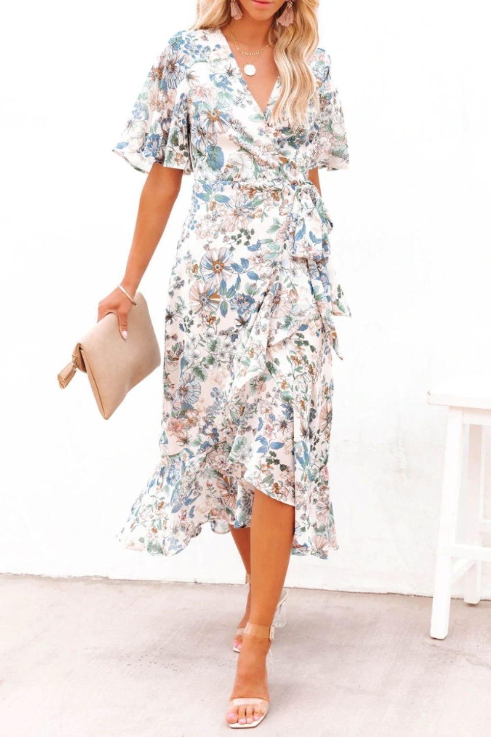 High-Low Floral Flutter Sleeve Midi Dress