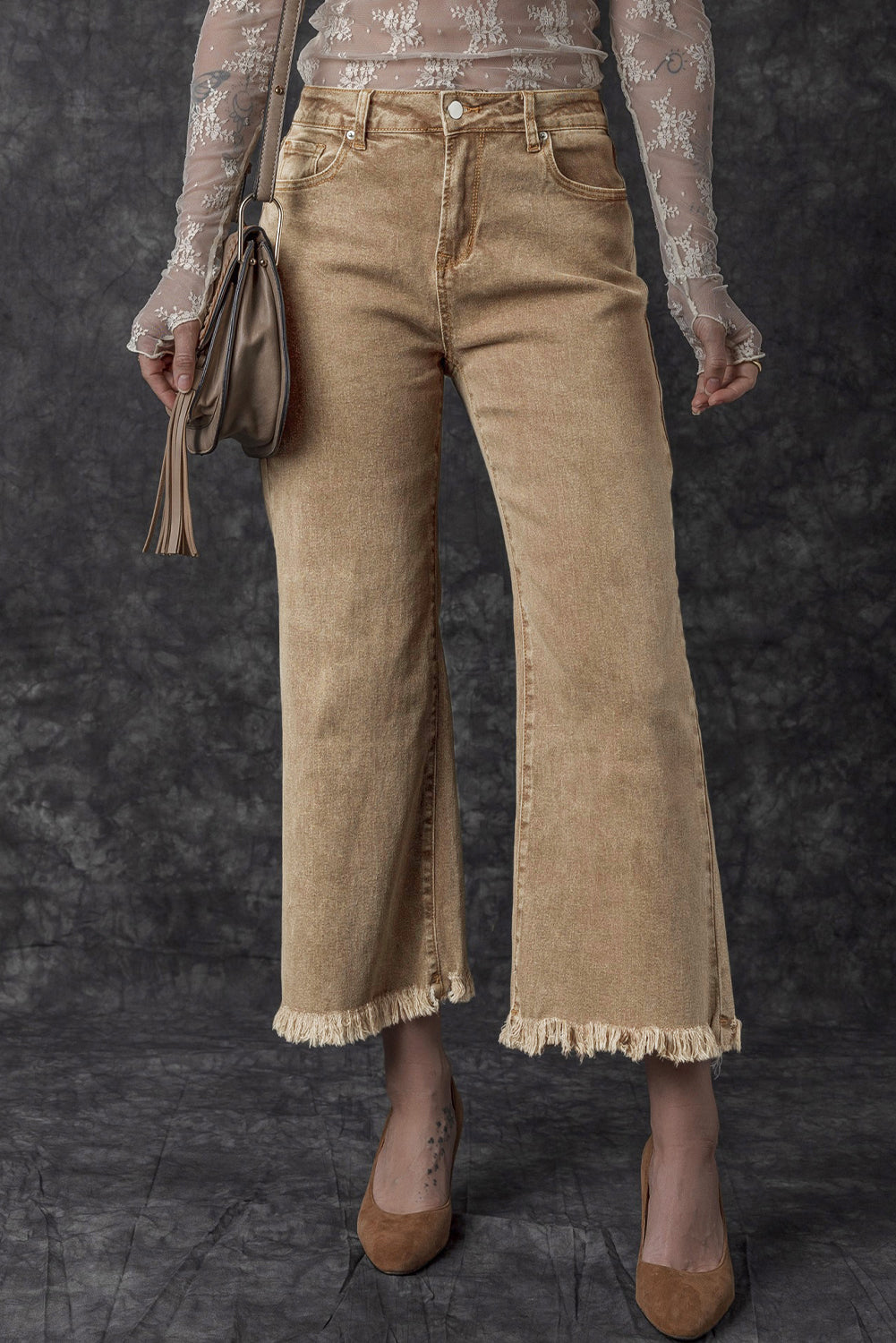 Ava High Rise Cropped Wide Leg Jeans- Beige