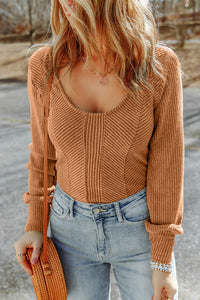 Textured Long Sleeve Top- Brown