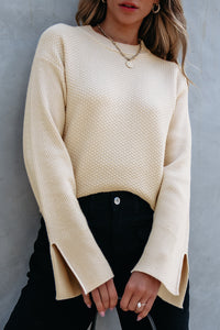 Textured Knit Split Cuff Drop Shoulder Loose Sweater- Cream