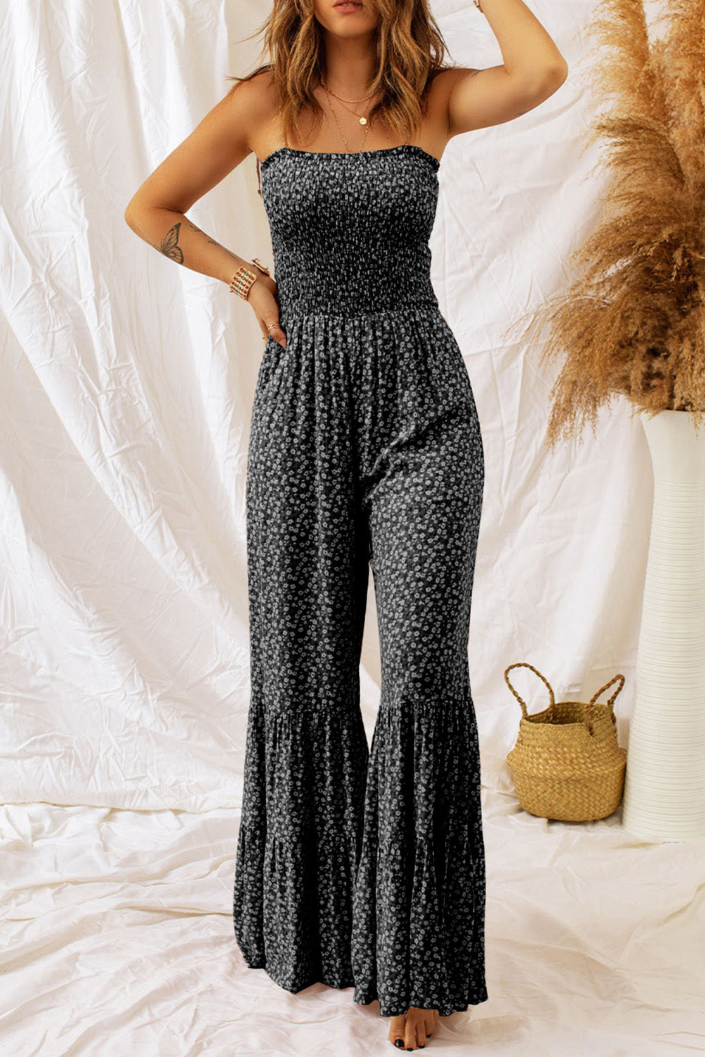 Floral Wide Leg Jumpsuit- Black