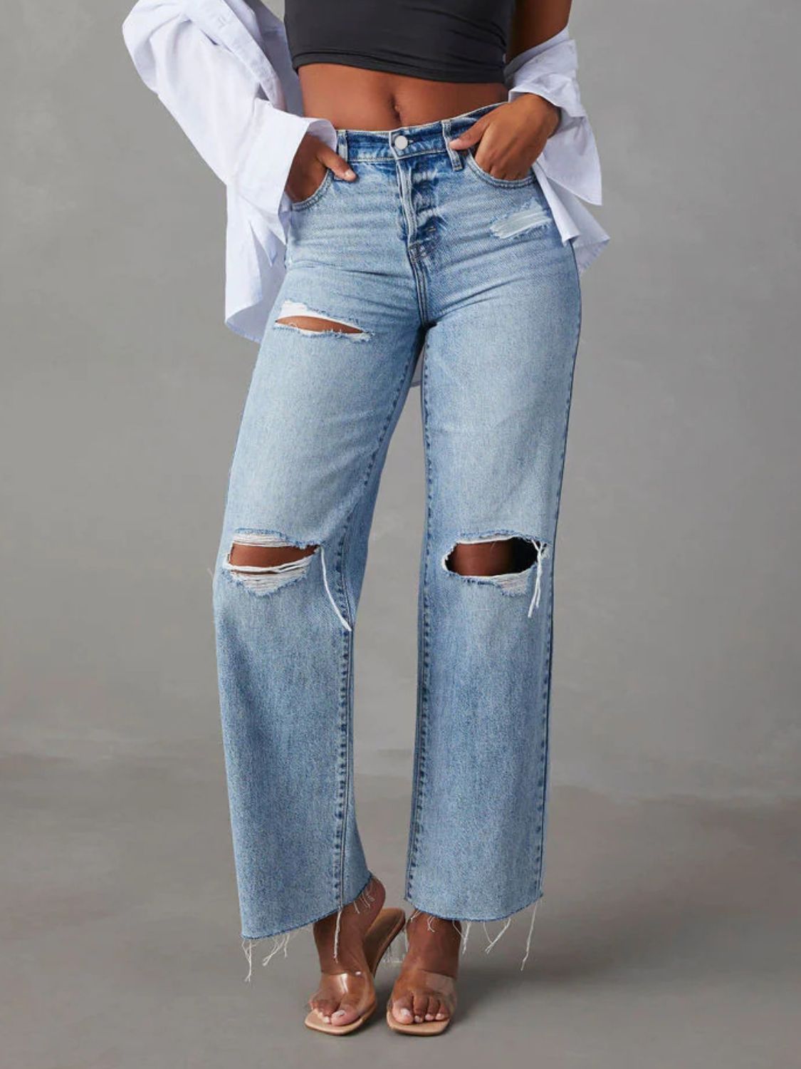 Sammy Distressed Straight Leg Jeans with Pockets