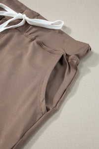 Drawstring Waist Pocketed Joggers-Brown