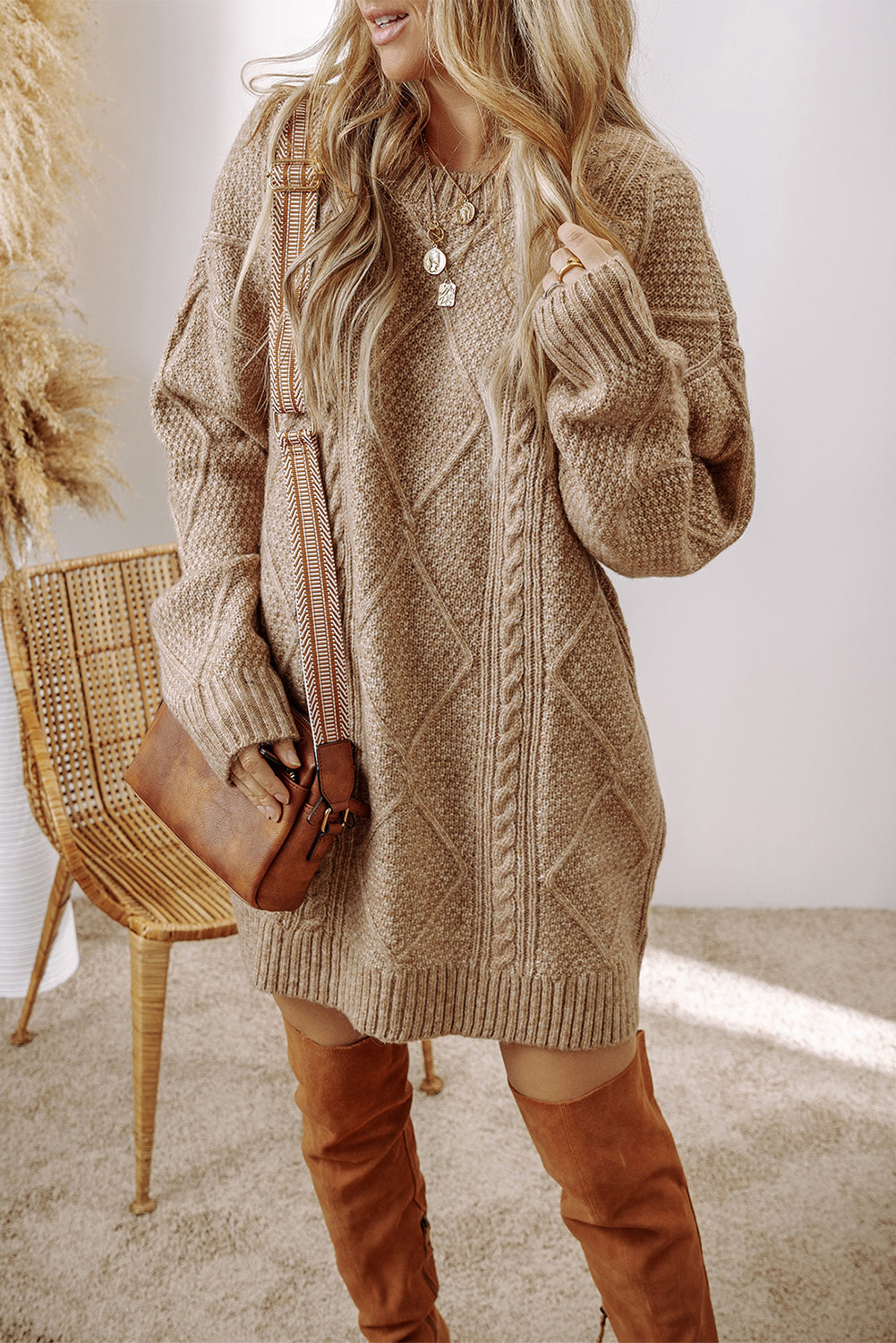 Cable Knit Mini Sweater Dress- Cream