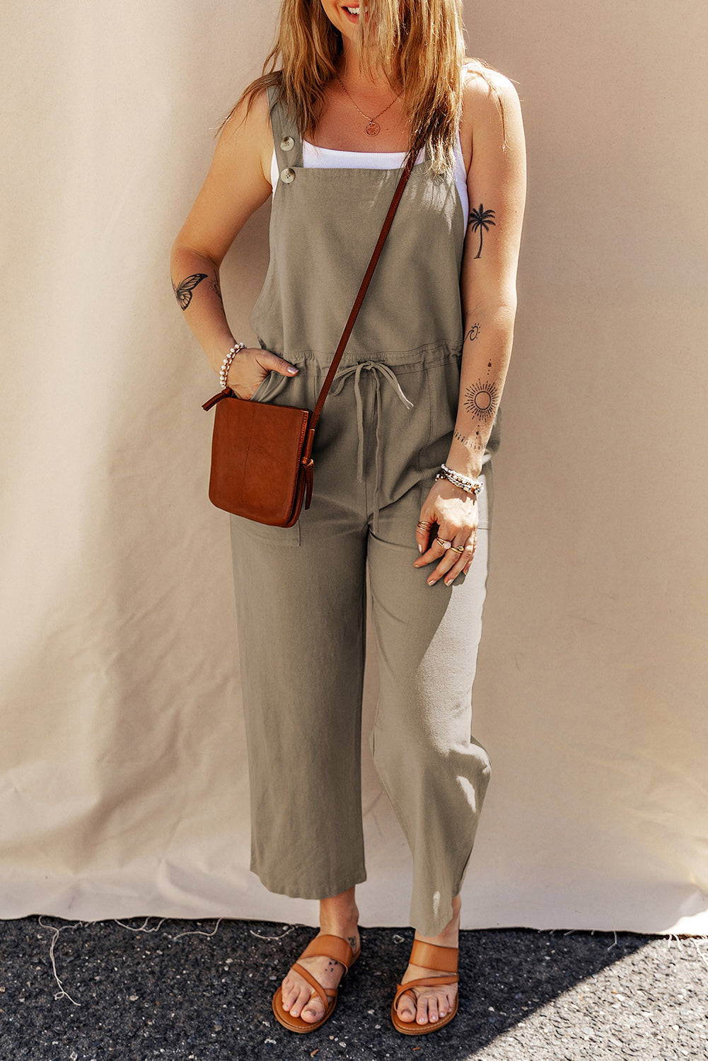 Drawstring Cropped Overall- Sage Green