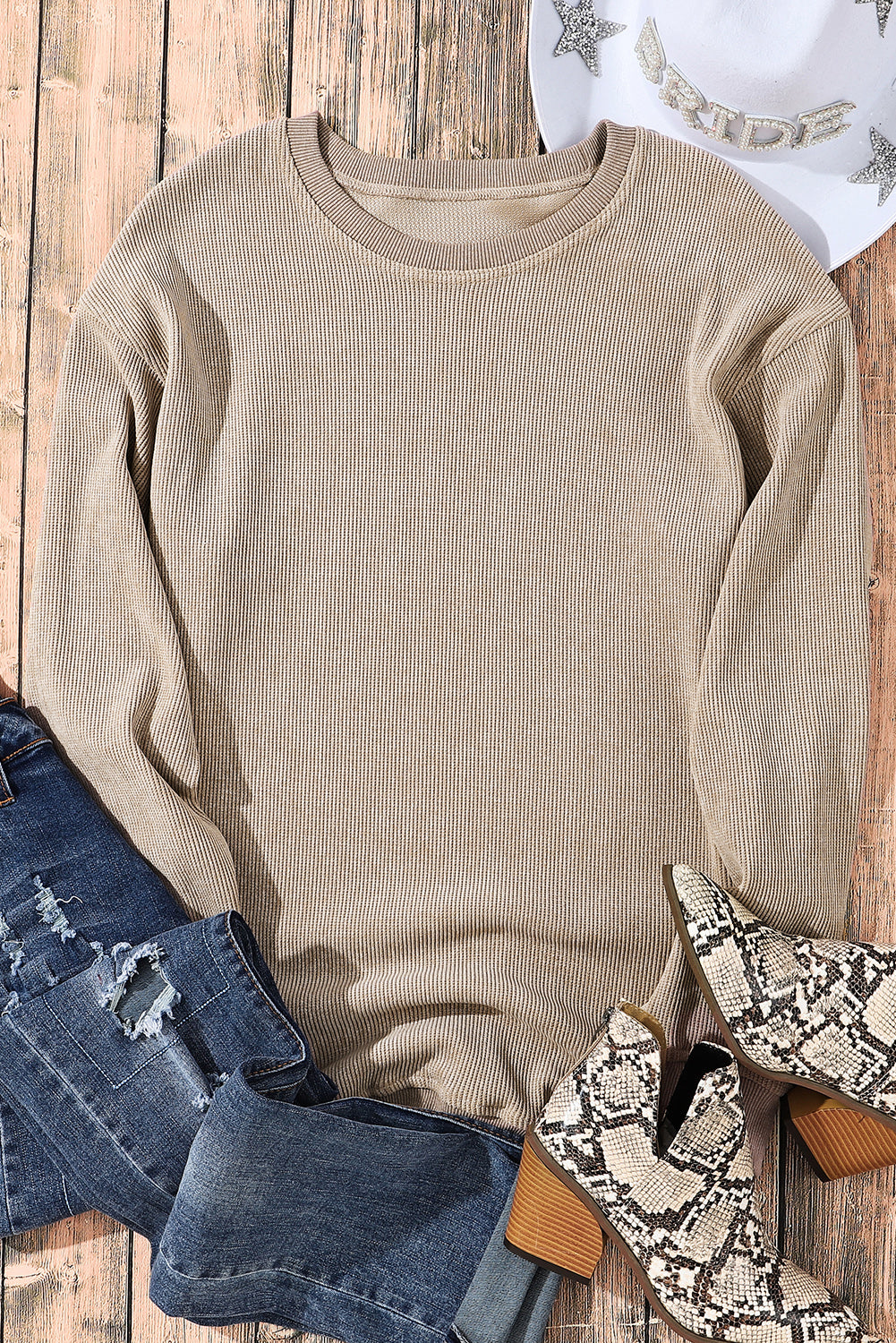 Ribbed Knit Pullover Sweatshirt- Khaki