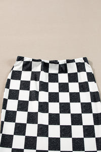 Black and White Checkered Print Side Slit High Waist Midi Skirt