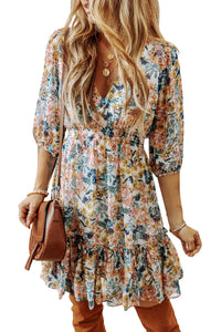 Floral 3/4 Sleeve V Neck High Waist Ruffle Mini Dress