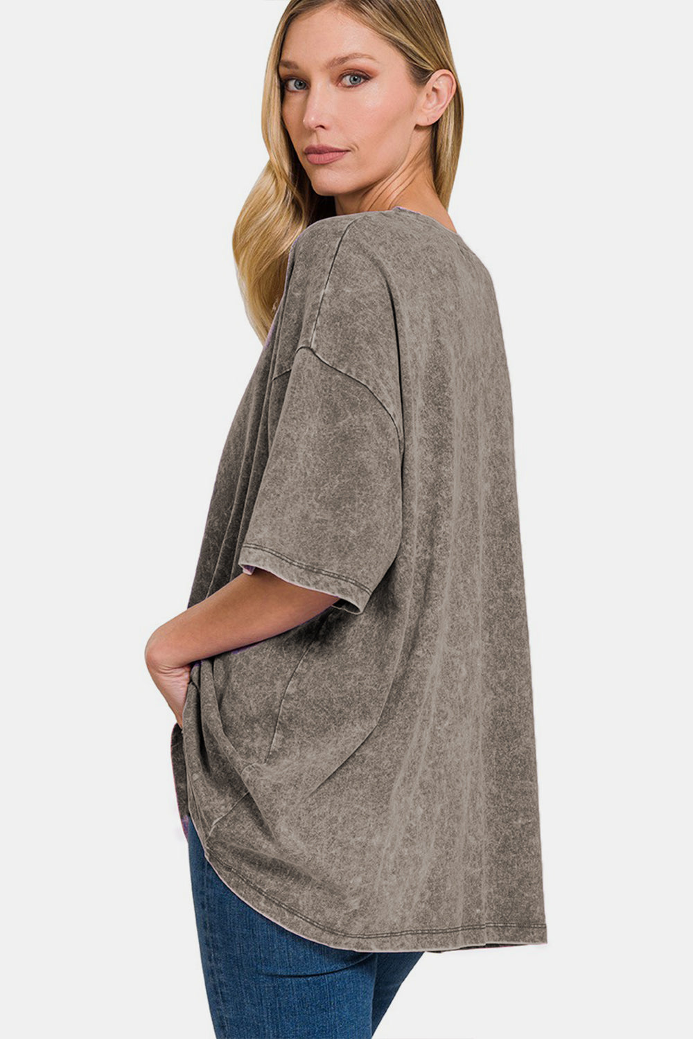 Washed Round Neck Drop Shoulder Oversized T-Shirt