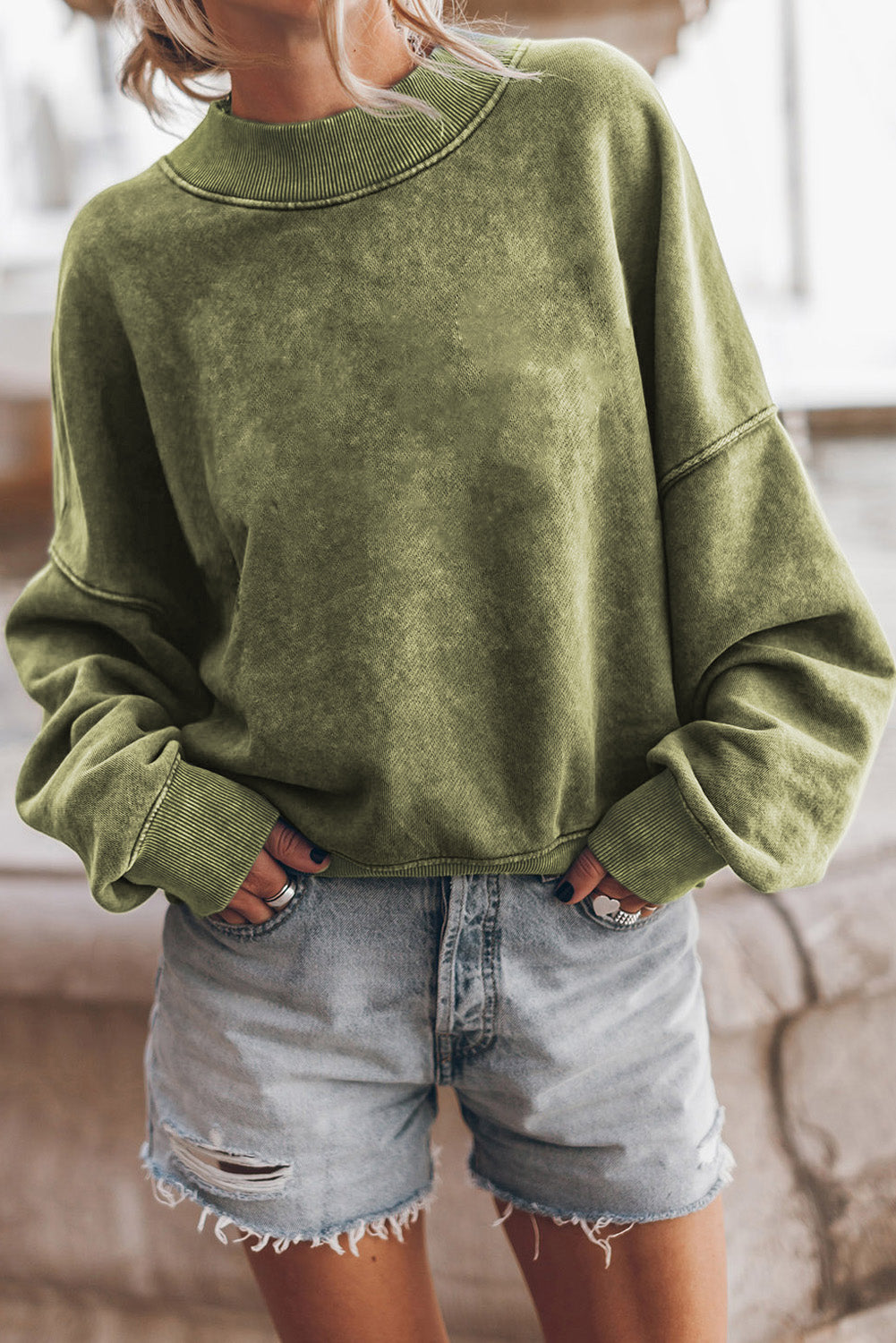 Crew Neck Acid Washed Sweatshirt- Green