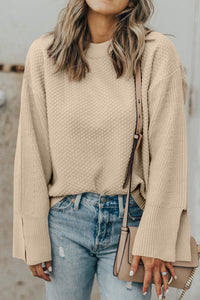 Textured Knit Split Cuff Drop Shoulder Loose Sweater- Cream