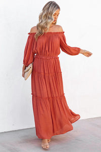 Off Shoulder Long Sleeve Maxi Dress- Orange