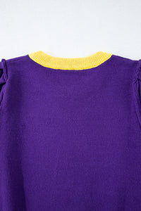 Sequin Football Color Block Short Sleeve Sweater- Purple