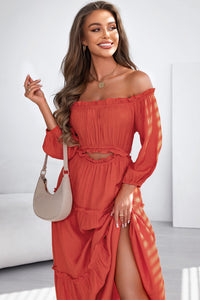 Off Shoulder Long Sleeve Maxi Dress- Orange