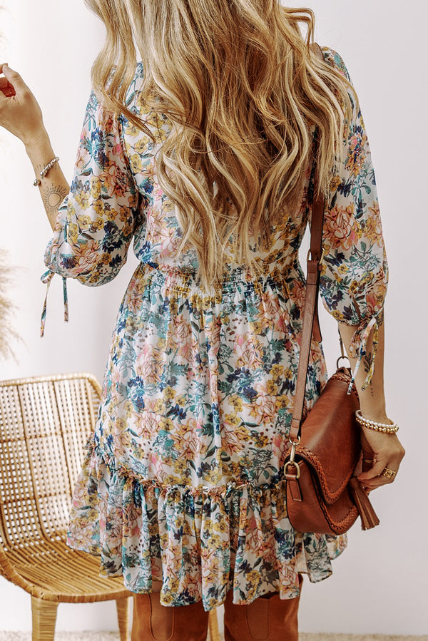 Floral 3/4 Sleeve V Neck High Waist Ruffle Mini Dress