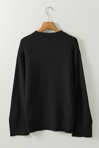 Textured Knit Split Cuff Drop Shoulder Loose Sweater- Black