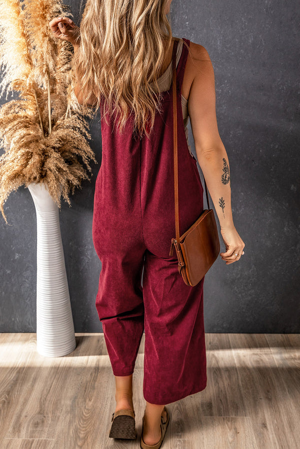 Corduroy Wide Leg Bib Overalls- Red