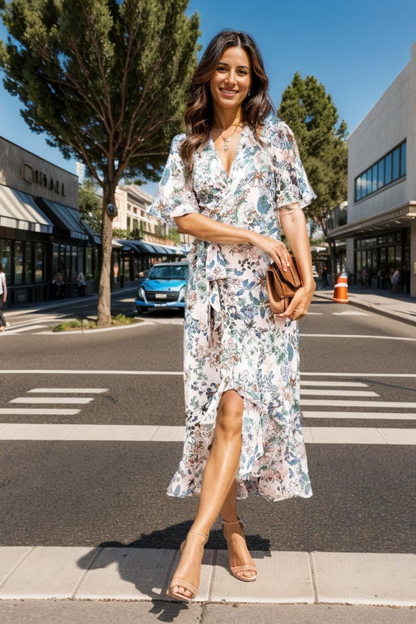 High-Low Floral Flutter Sleeve Midi Dress