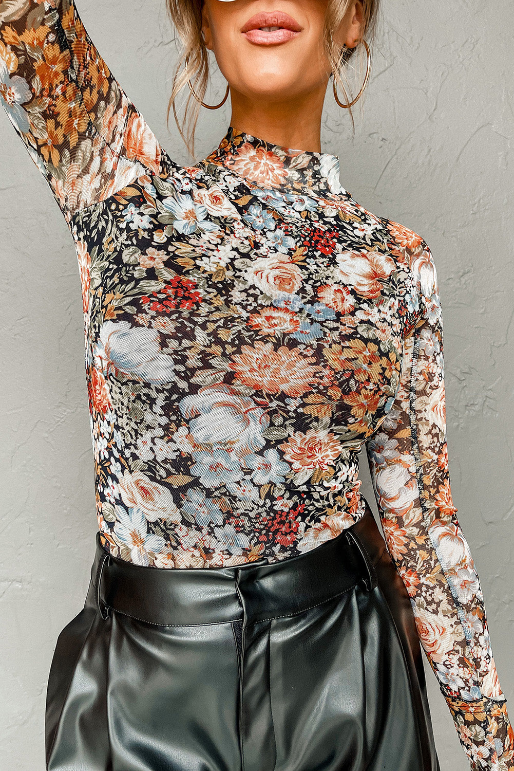 Floral Long Sleeve High Neck Sheath Mesh Top