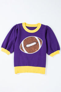 Sequin Football Color Block Short Sleeve Sweater- Purple