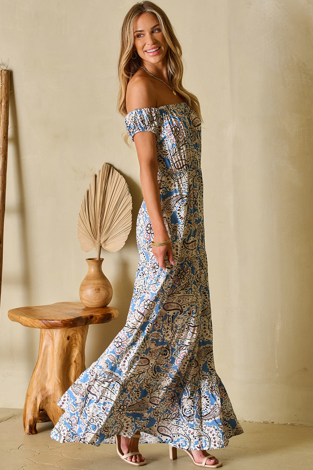 Paisley Off Shoulder Maxi Dress - Blue