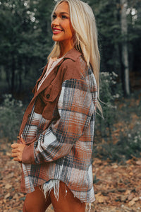 Plaid Corduroy Patchwork Shacket- Brown